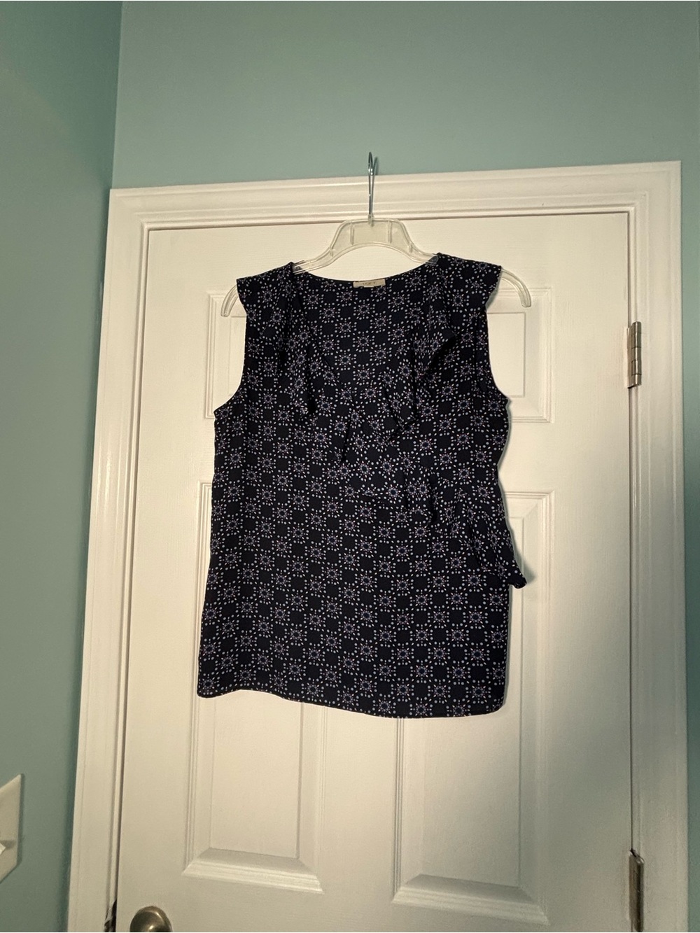 LOFT Navy Geometric Print Ruffle-Trim Sleeveless Top